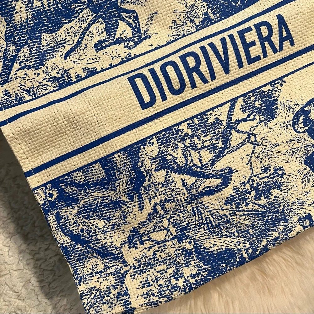 Dior Riviera Blue and White Straw Tote Bag Beach Tote Bag Book Tote Bag - Picture 5 of 11